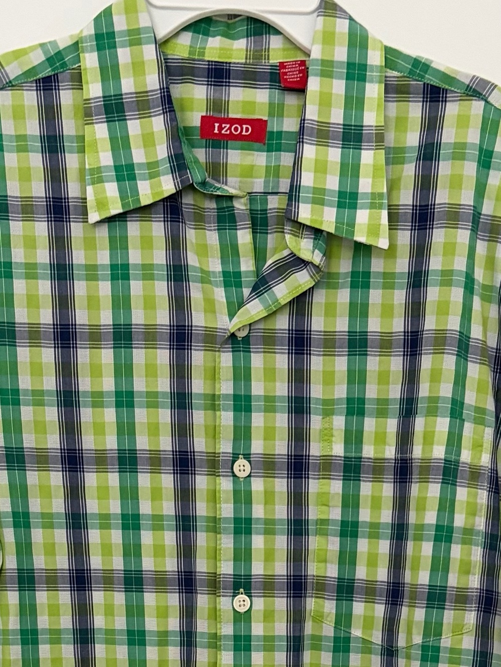 IZOD 100% Cotton Green & Navy Blue Button Short-Sleeve Shirt Medium